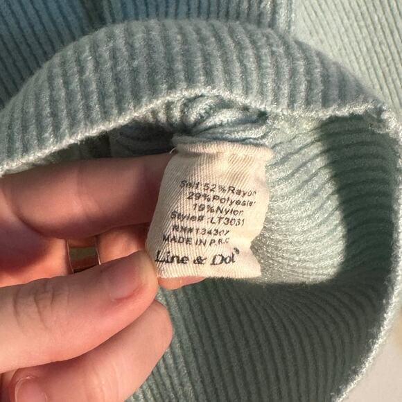 Women's S Line + Dot Ribbed Mint Light Blue Green Balloon Sleeve Sweater - Picture 5 of 5